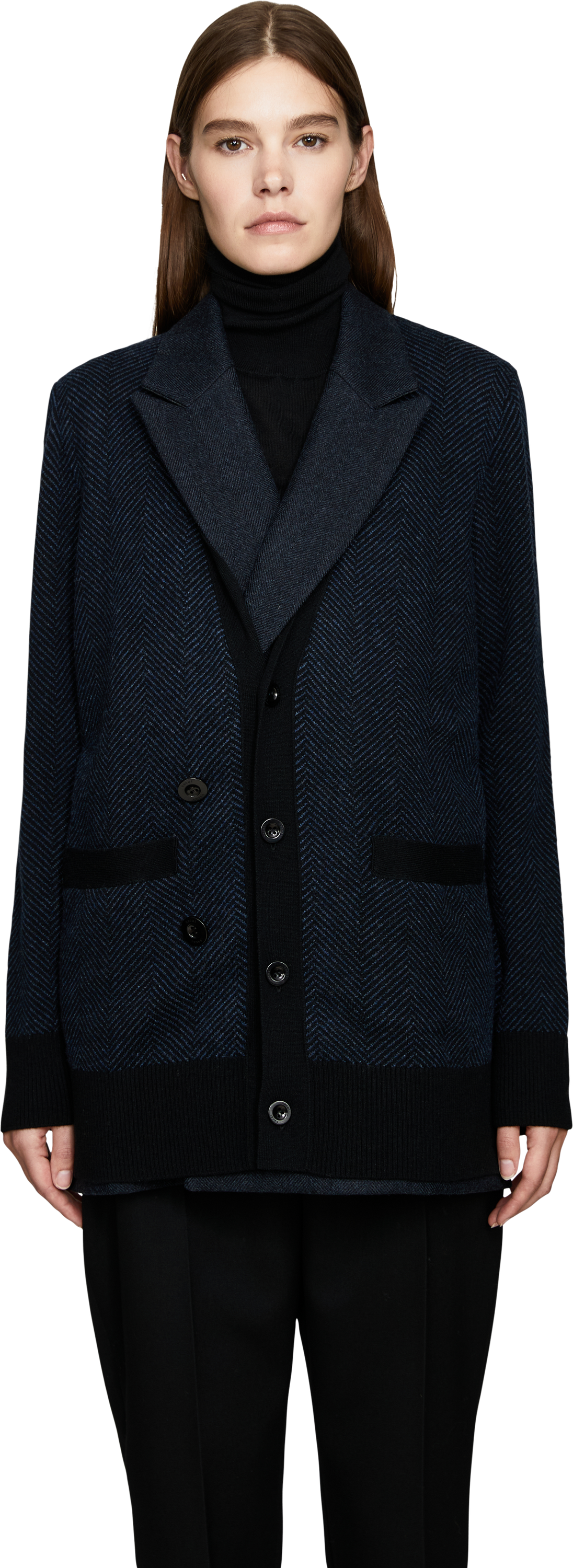 Sacai Woll-Strickjacke mit Fischgrätenmuster Marineblau, Frontansicht – UNGER.DE
