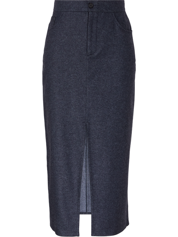 Cashmere-cotton midi skirt with denim look dark blue