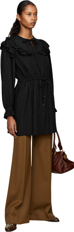 Gerüschtes Seidenkleid mit floralen Stickereien Schwarz