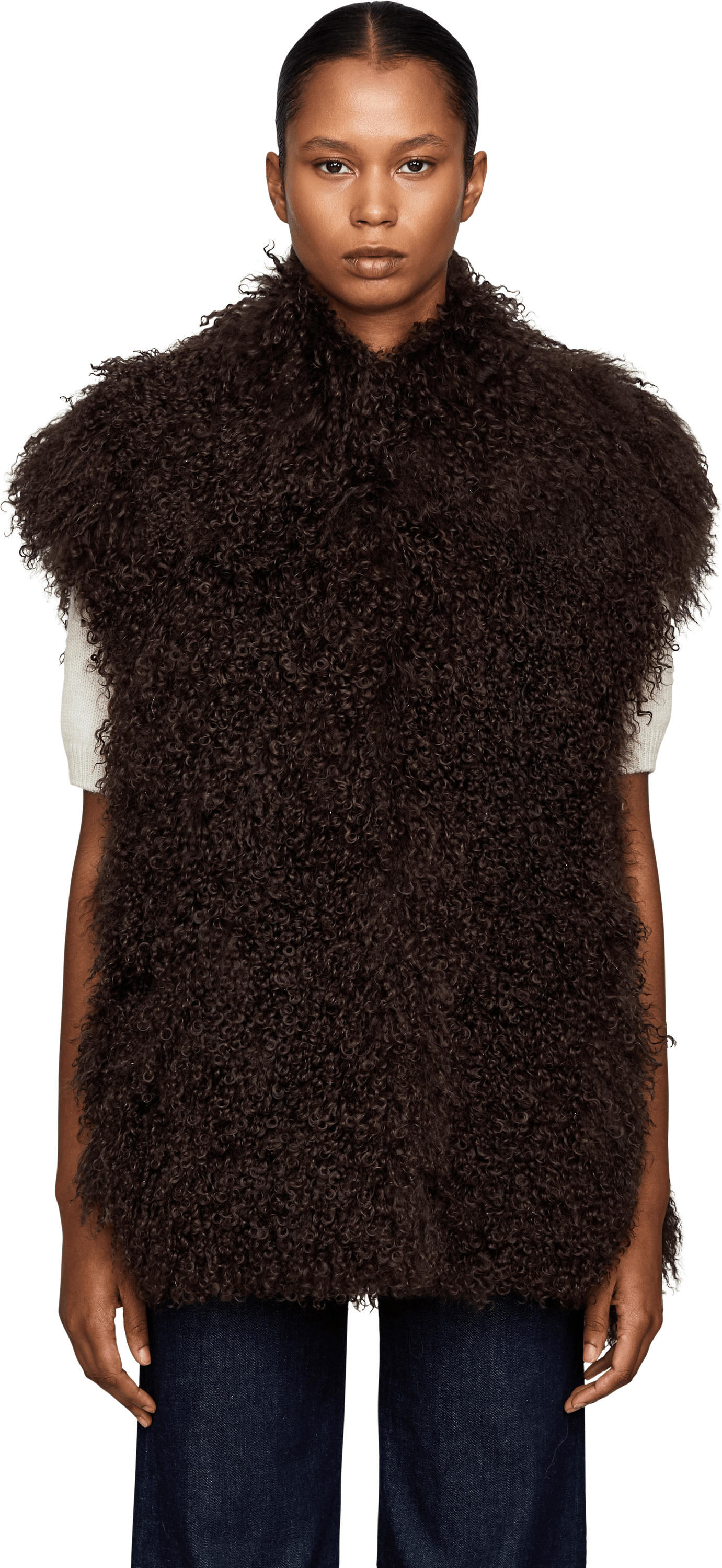 Yves Salomon Vest made from curly lambskin dark brown, Front view – UNGER.DE