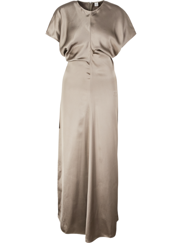 'Slouch' maxi dress in beige satin