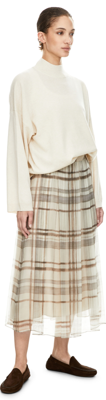 Karierter Midirock aus Seide Crème