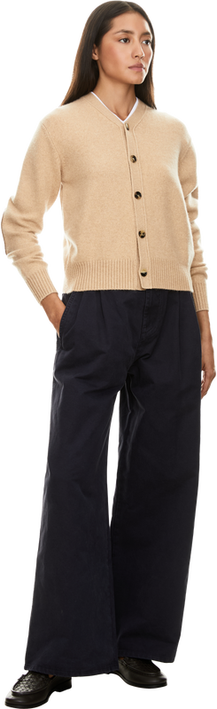 Cashmere cardigan with intrecciato leather light brown
