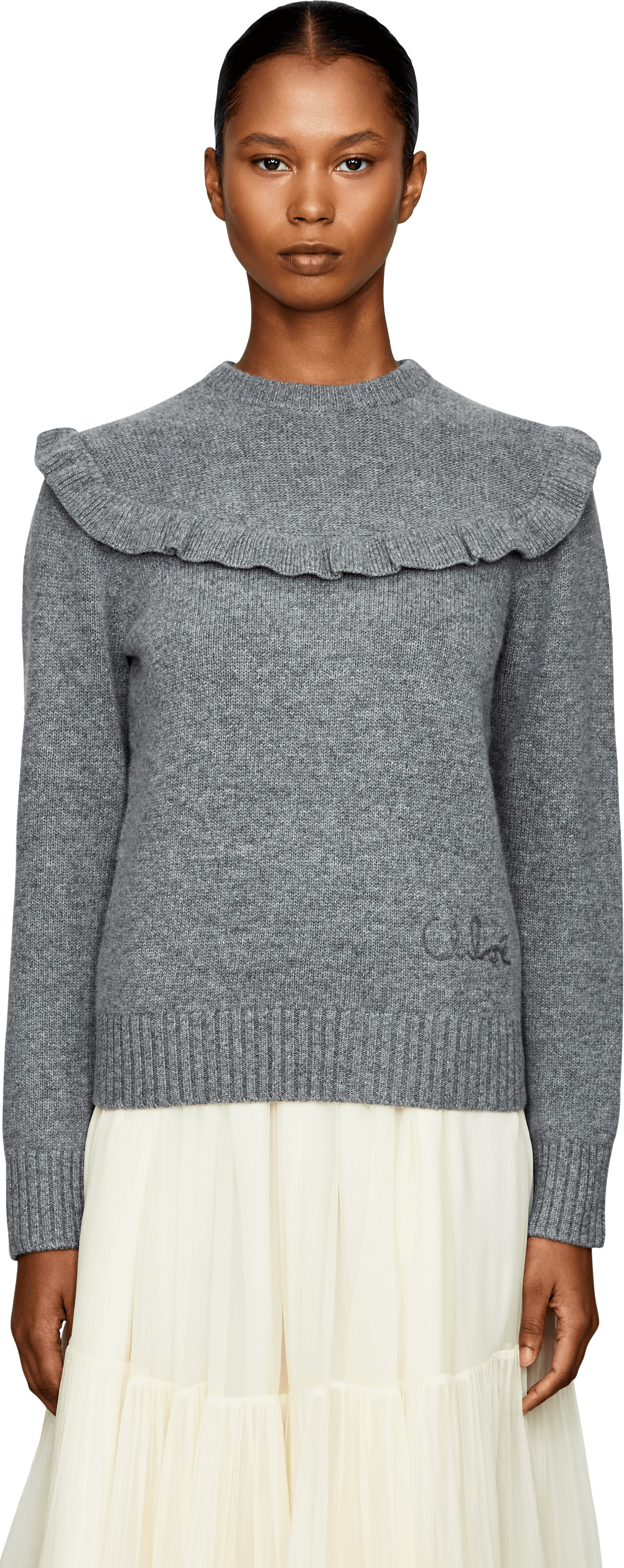 Chloé Woll-Cashmere-Pullover mit Rüschen Grau, Frontansicht – UNGER.DE