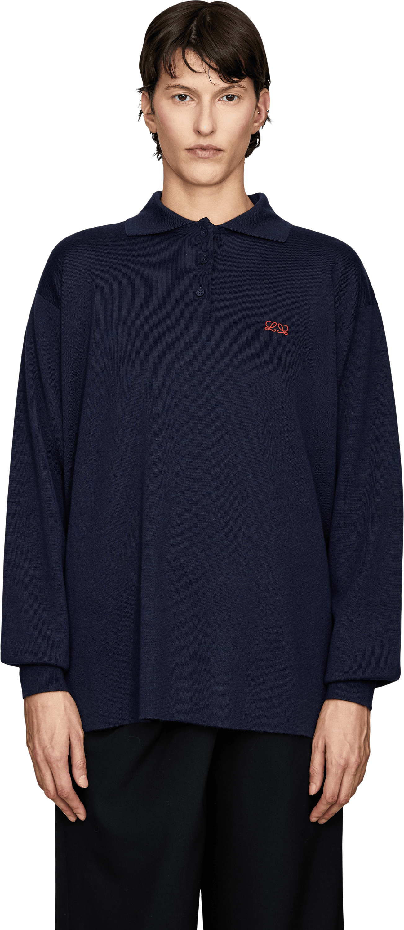 LOEWE Cashmere-Seidenpullover mit Polokragen Marineblau, Frontansicht – UNGER.DE
