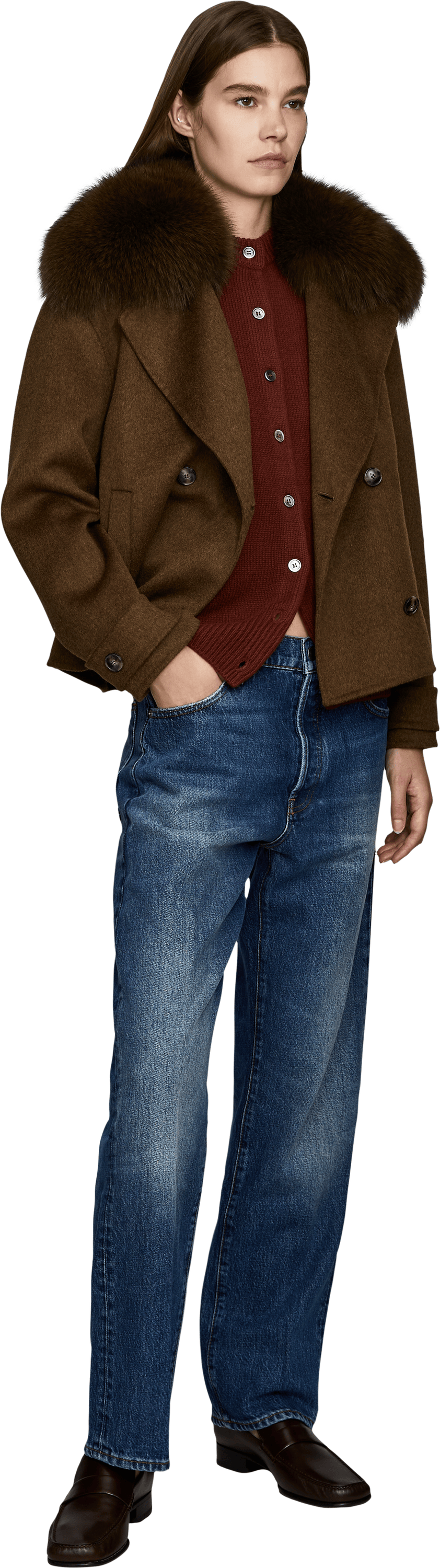 Yves Salomon Wool and cashmere pea coat with fur trim – brown, Modelview – UNGER.DE