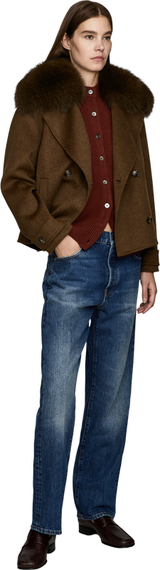 Wool and cashmere pea coat with fur trim – brown