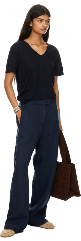 Weite Leinenhose mit Fischgrätmuster Marineblau