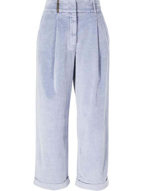 Wide-leg corduroy trousers with pleats light blue