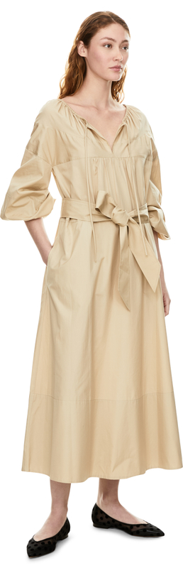 Kleid mit Gürtel und Bindekragen Beige