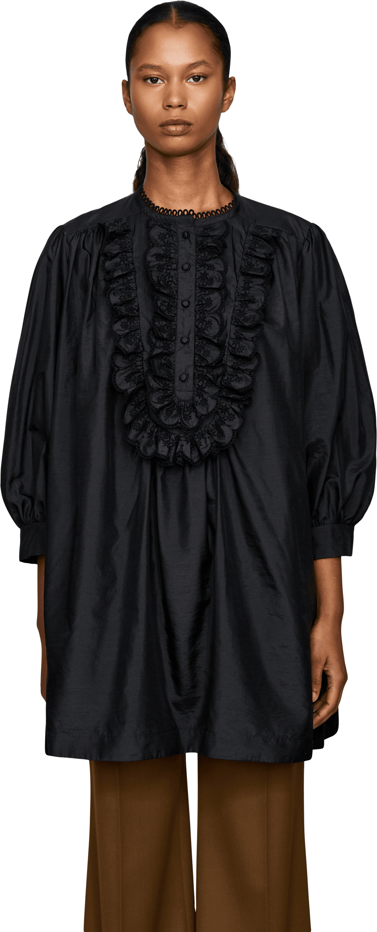 Chloé Oversized Taftkleid mit Rüschen Schwarz, Frontansicht – UNGER.DE