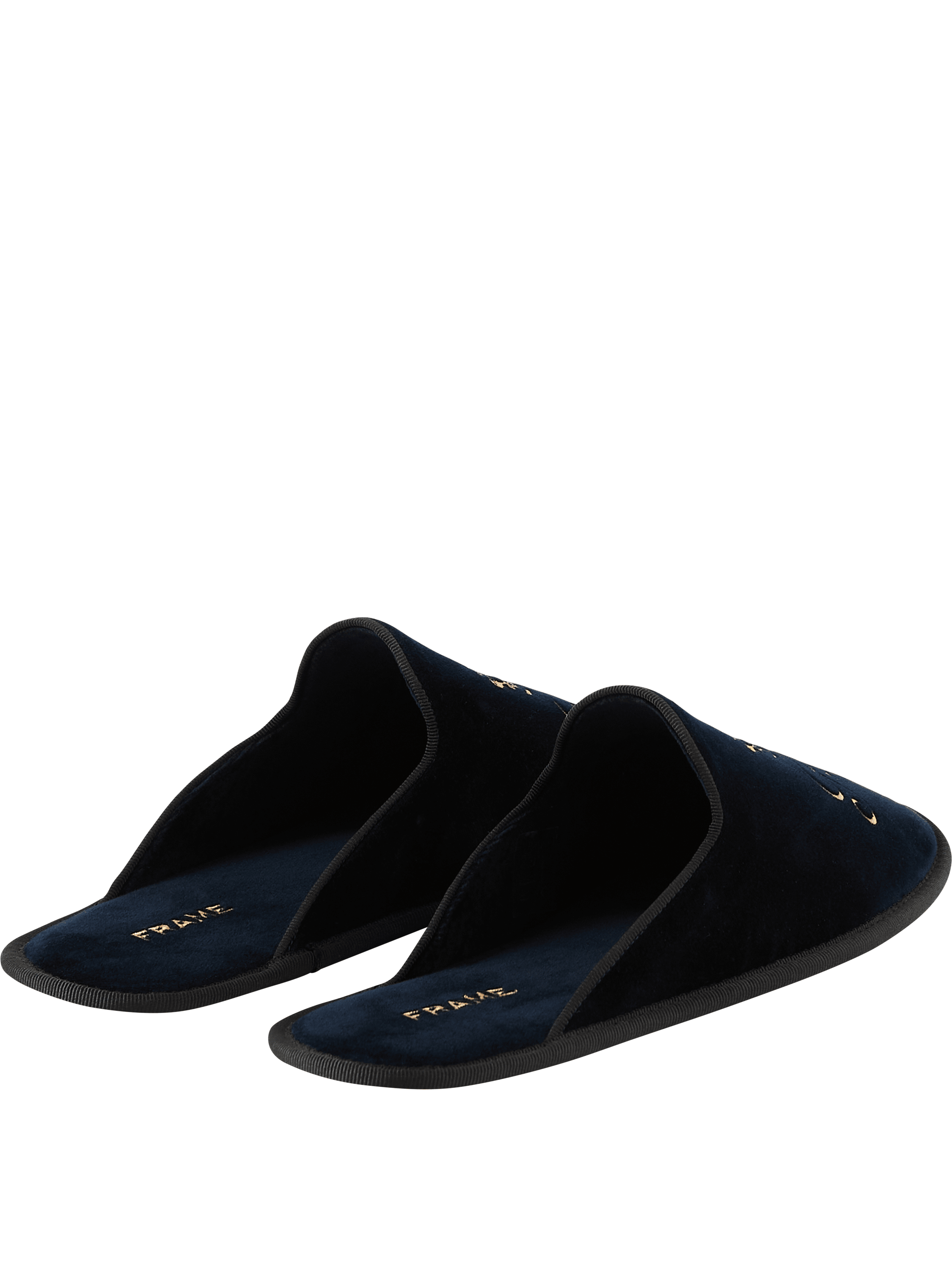 Frame Slipper 'Frame x Ritz Paris' aus Samt Marineblau, Detailansicht – UNGER.DE