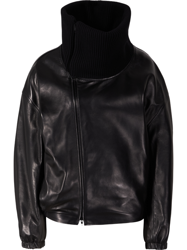 Lederjacke mit Rippstrickkragen Schwarz