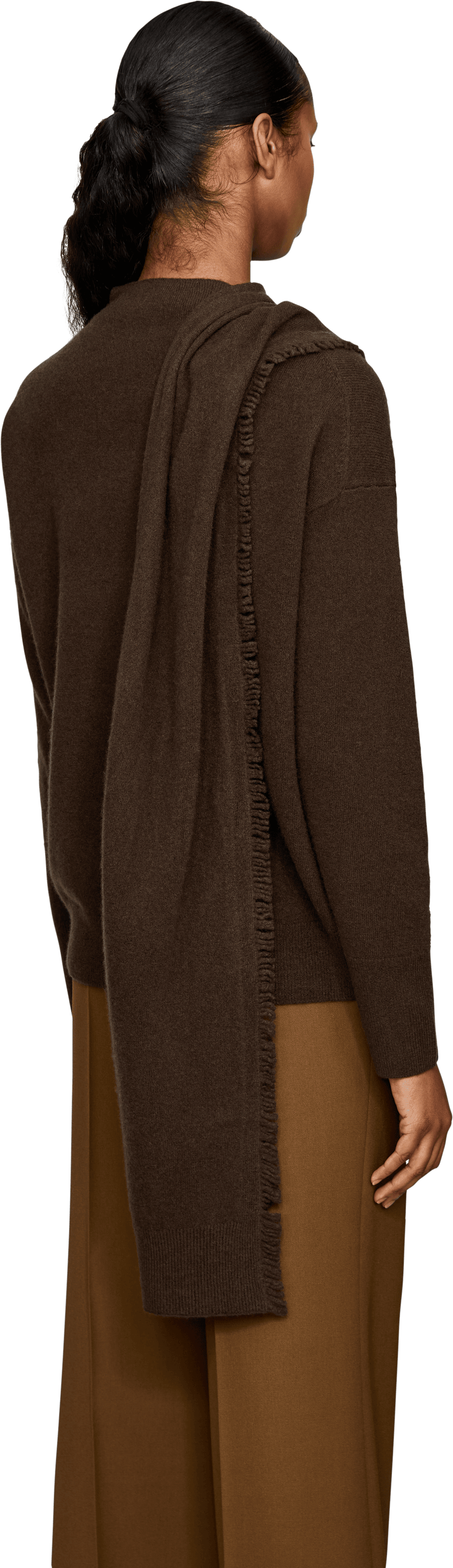 Vince Wool and cashmere jumper with fringed scarf – dark brown, Back view – UNGER.DE