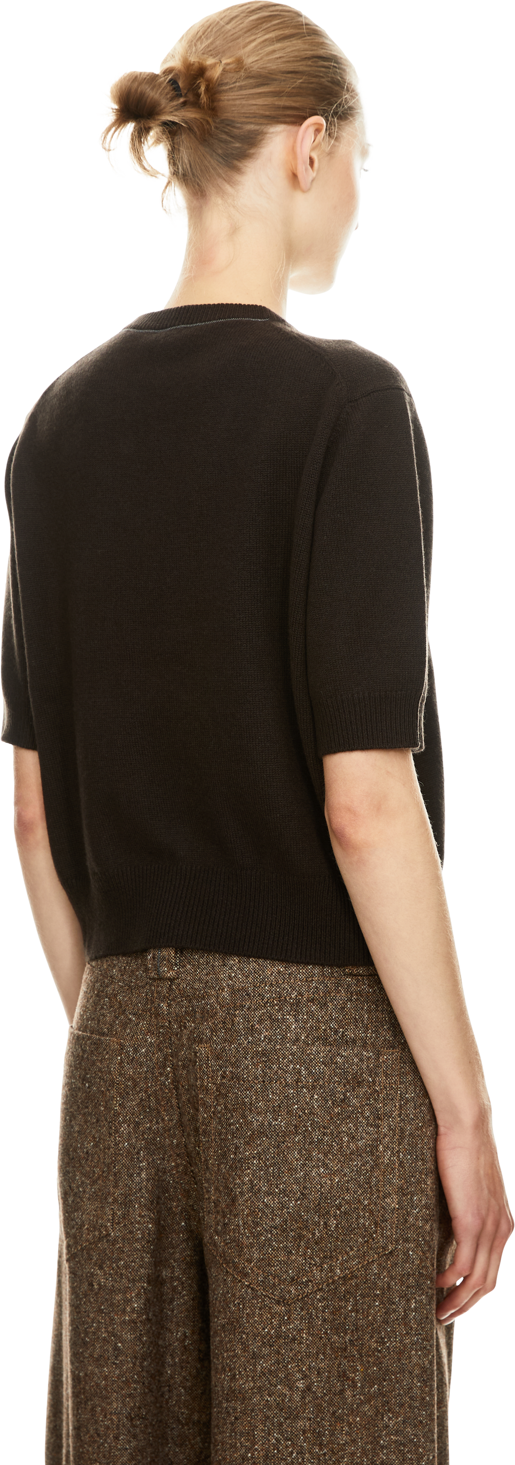 Brunello Cucinelli Cashmere-Kurzarmpullover mit Monili-Perlen Dunkelbraun, Rückansicht – UNGER.DE