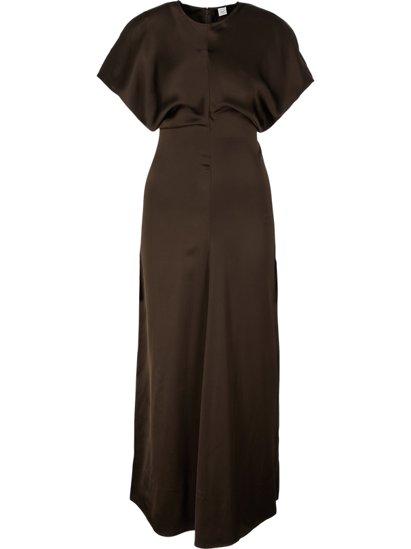 'Slouch' maxi dress in dark brown satin