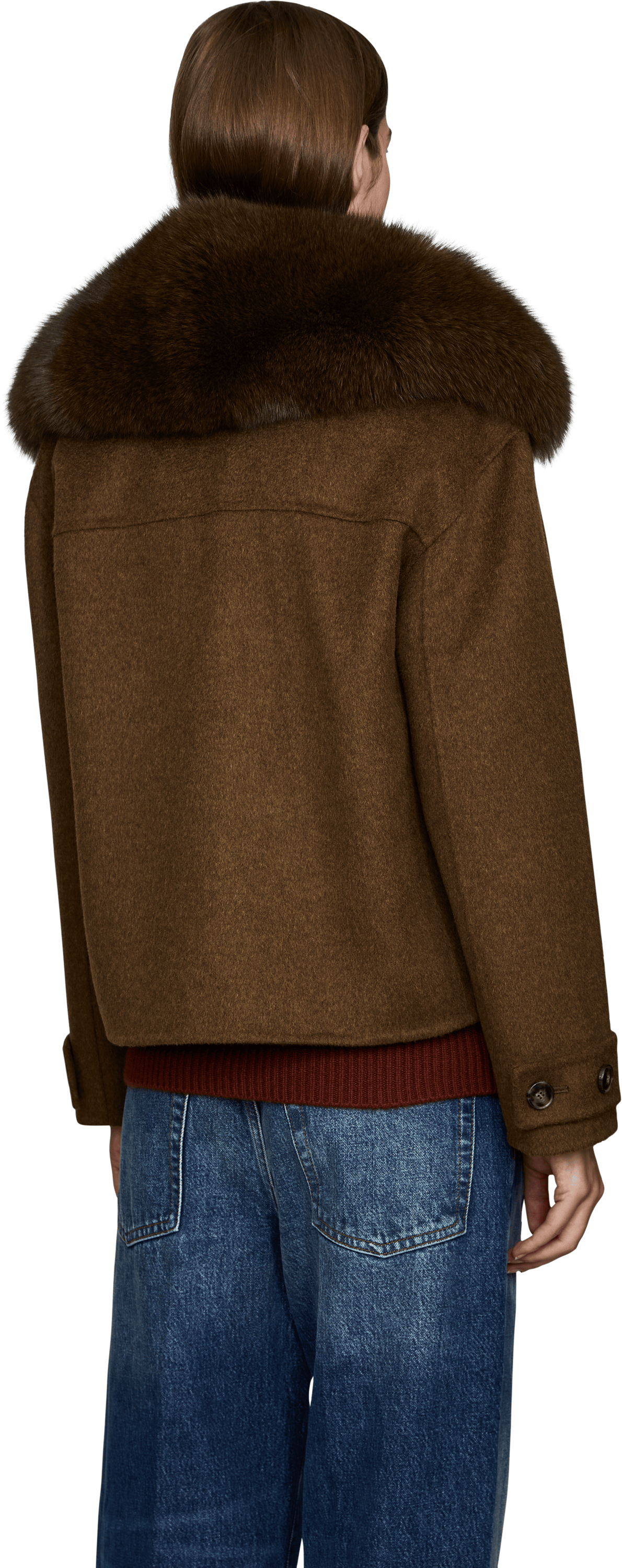 Yves Salomon Wool and cashmere pea coat with fur trim – brown, Back view – UNGER.DE
