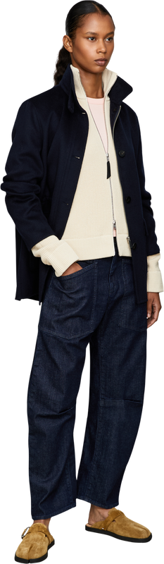 Ribbed woollen cardigan with a stand-up collar ecru