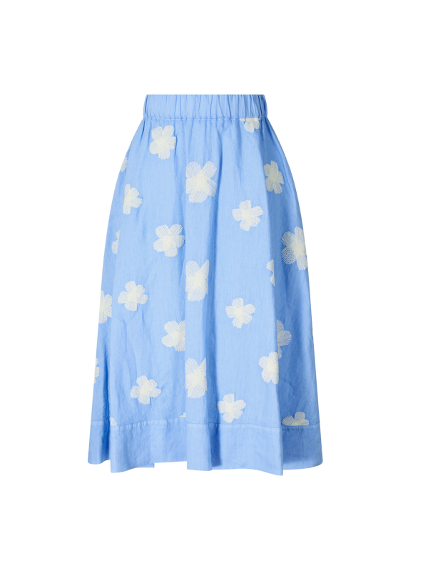 Bestickter Midirock aus Leinen Hellblau