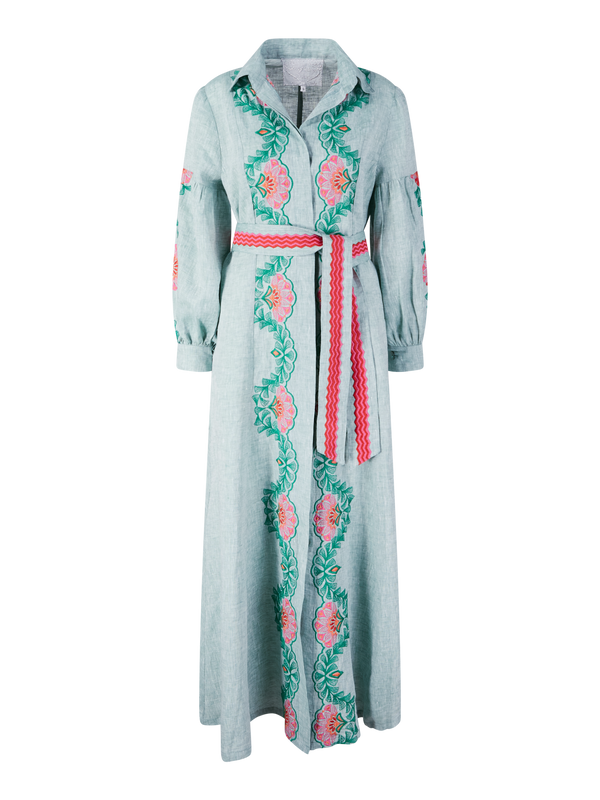 Maxikleid 'Anice' aus Leinen mit Blumen Stickerei Grün