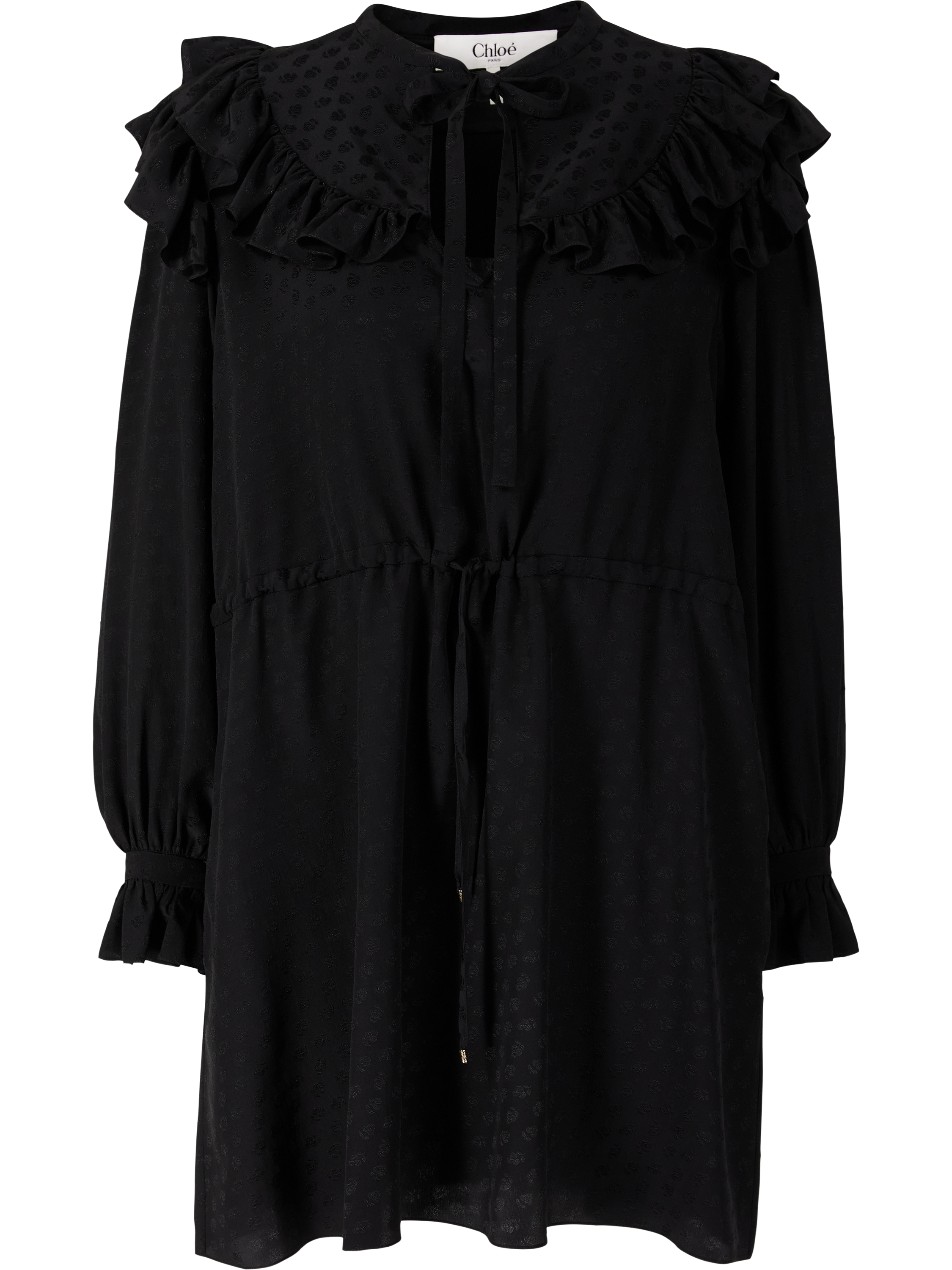 Chloé Gerüschtes Seidenkleid mit floralen Stickereien Schwarz, Produktansicht – UNGER.DE