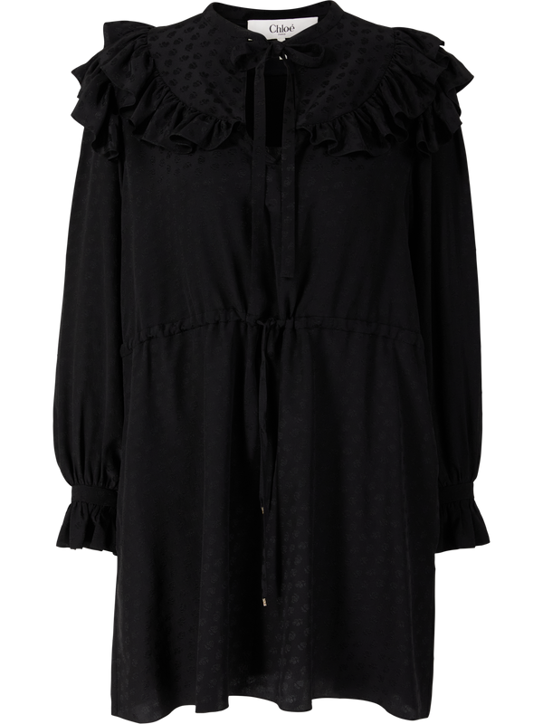 Gerüschtes Seidenkleid mit floralen Stickereien Schwarz