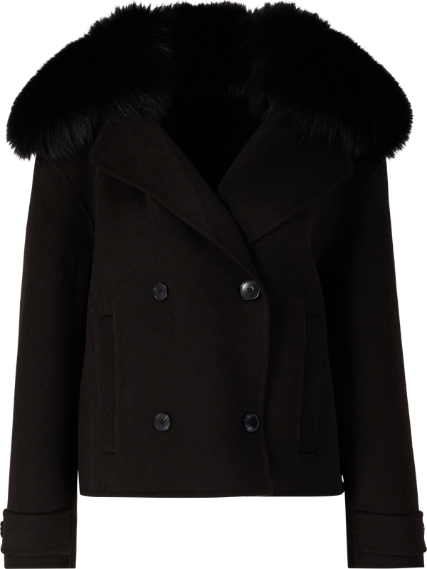 Wool and cashmere jacket with fur trim, dark brown