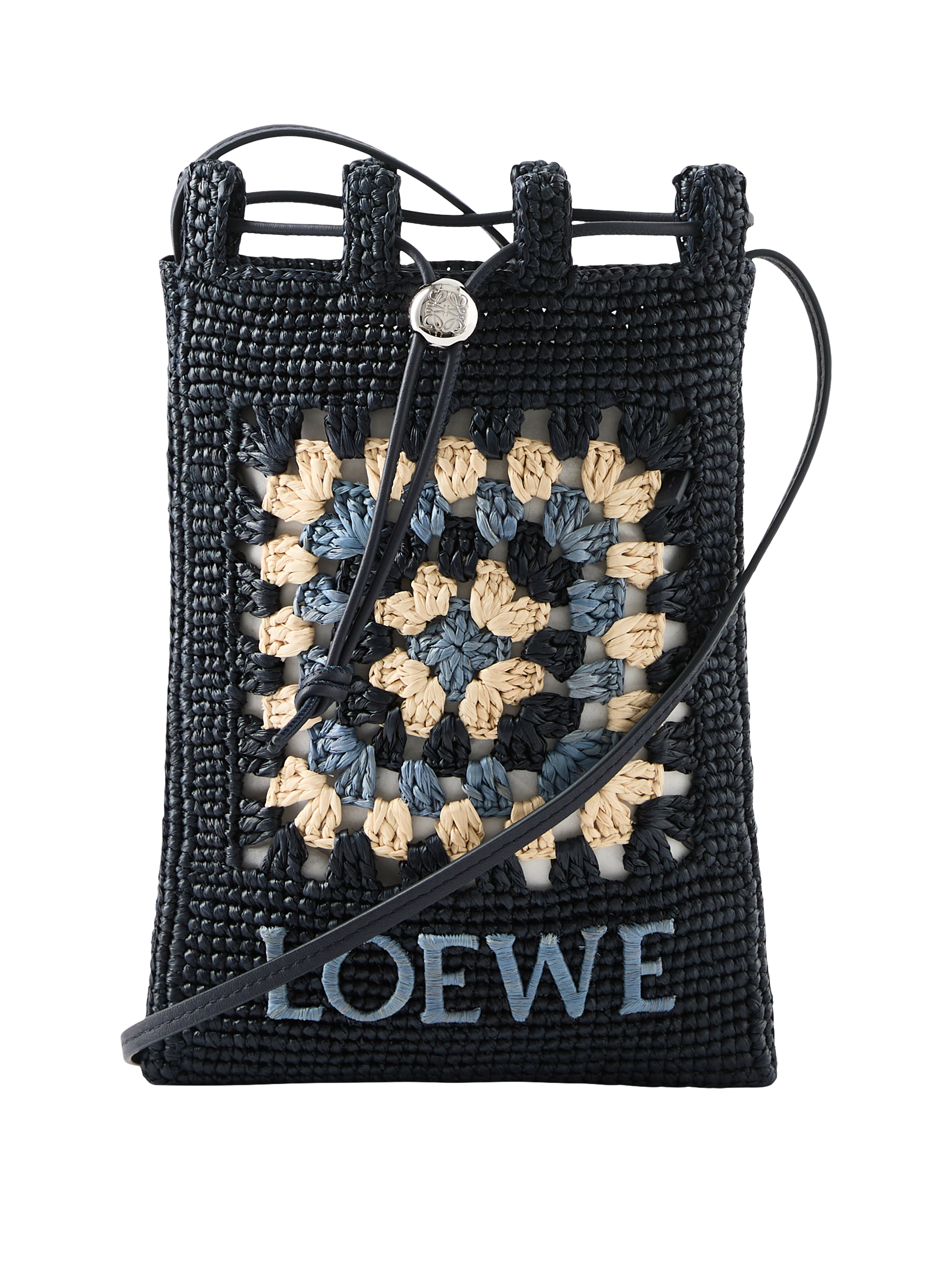 Raffia-Beuteltasche Paula's ibiza mit Häkelmuster Navy Sky Blue