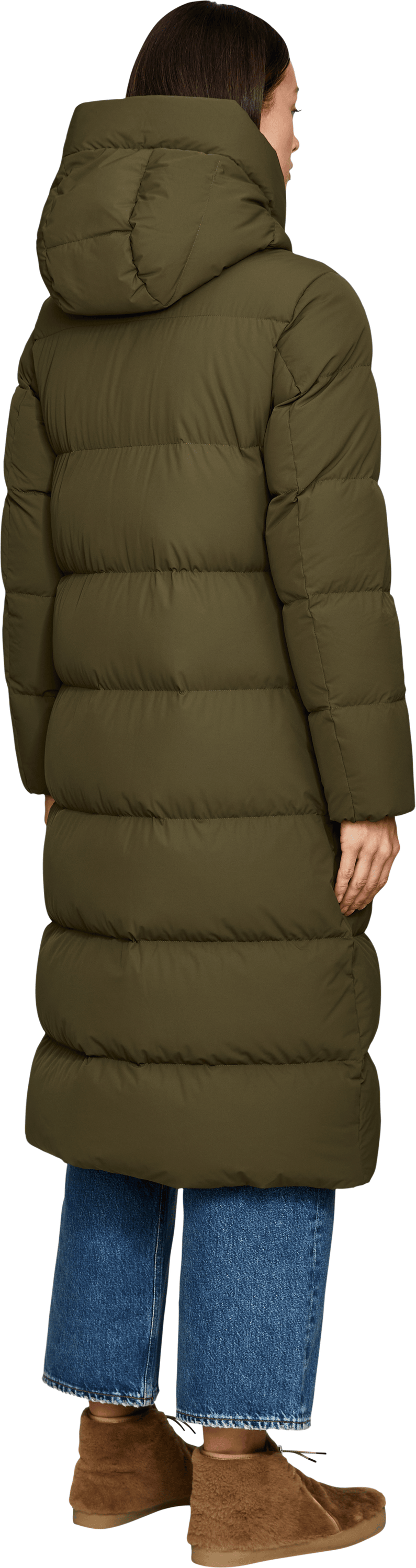 Woolrich Daunenmantel 'Madison Long' mit Kapuze Olivgrün, Rückansicht – UNGER.DE
