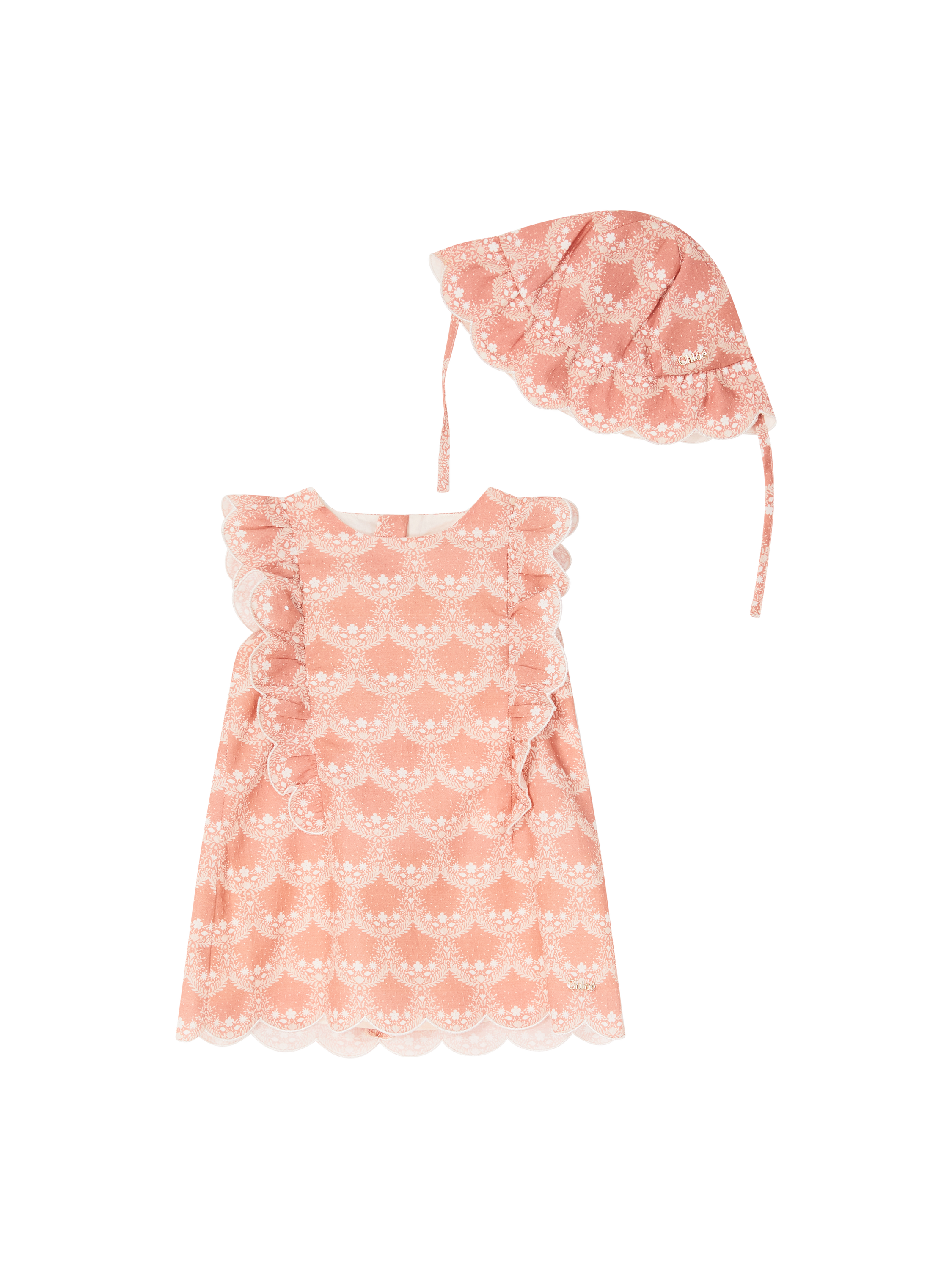 Florales Set aus Rüschenkleid und Mütze Rosé