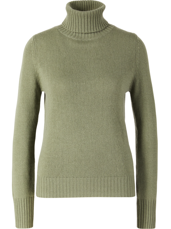Olive-green cashmere jumper with a roll neck