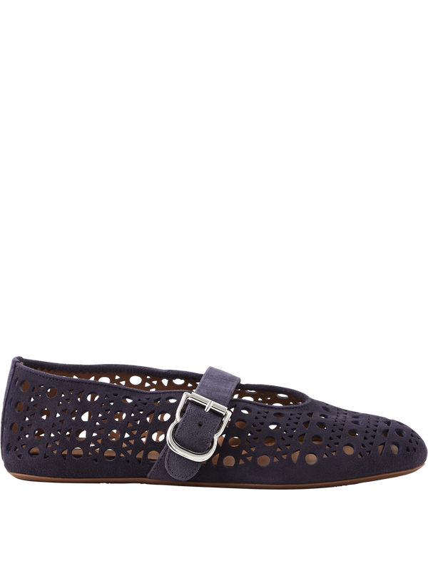 Goatskin suede ballerina flats with a Vienne pattern purple