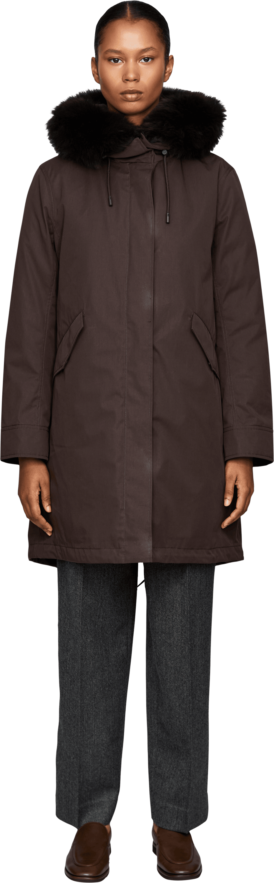 Yves Salomon Down coat with fur-trimmed hood – dark brown, Front view – UNGER.DE