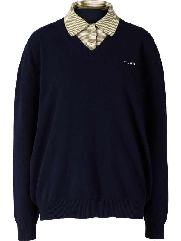 Virgin wool and cashmere jumper with a polo neck, navy blue