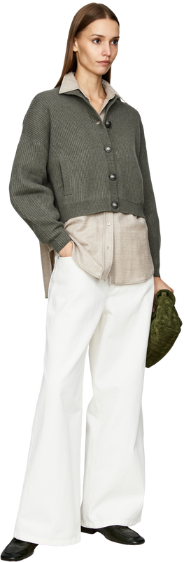 Cashmere-Strickjacke in Patentstrick mit Monili Olivgrün