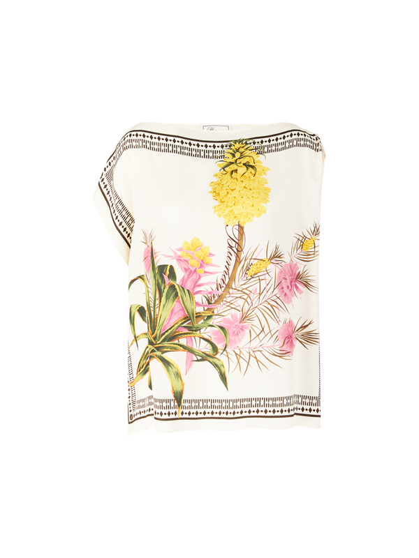 Asymmetrisches Top aus bedrucktem Viskose-Twill Beige