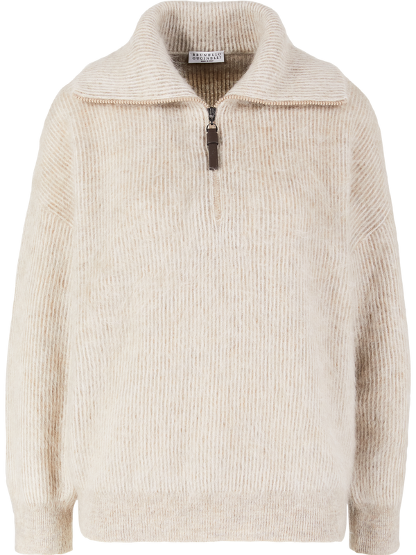 Beige zip-up turtleneck jumper