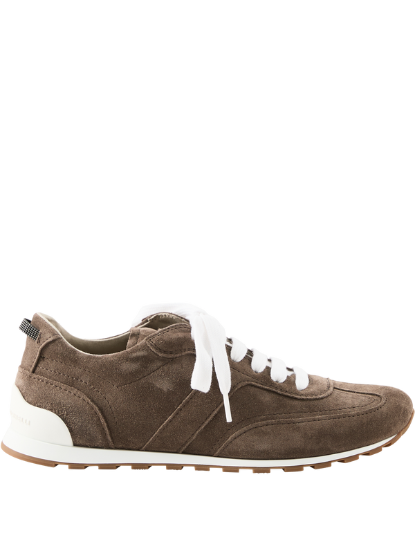 Suede trainers with Monili beads in medium brown