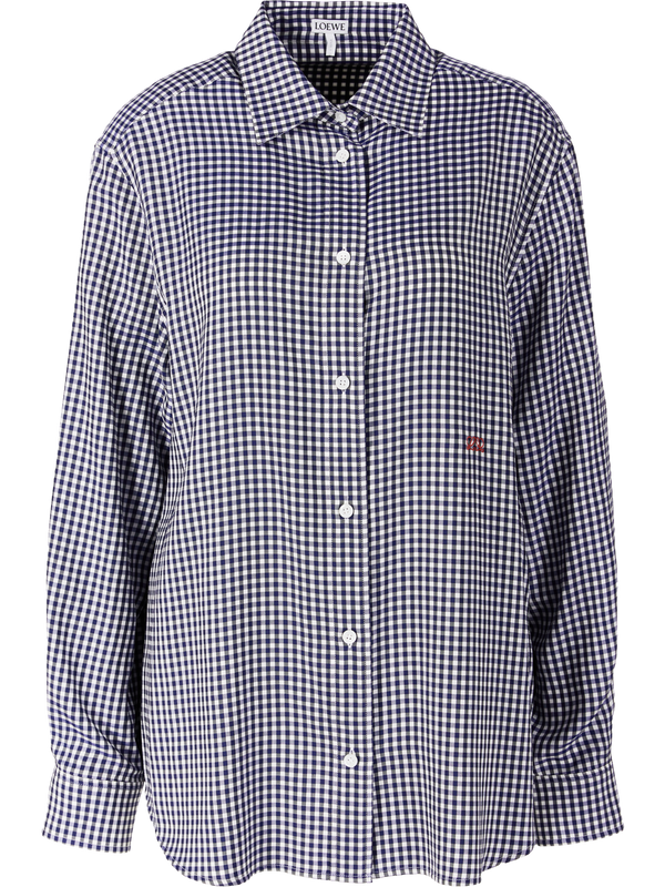 Checked silk shirt with double ‘L’ embroidery, navy blue