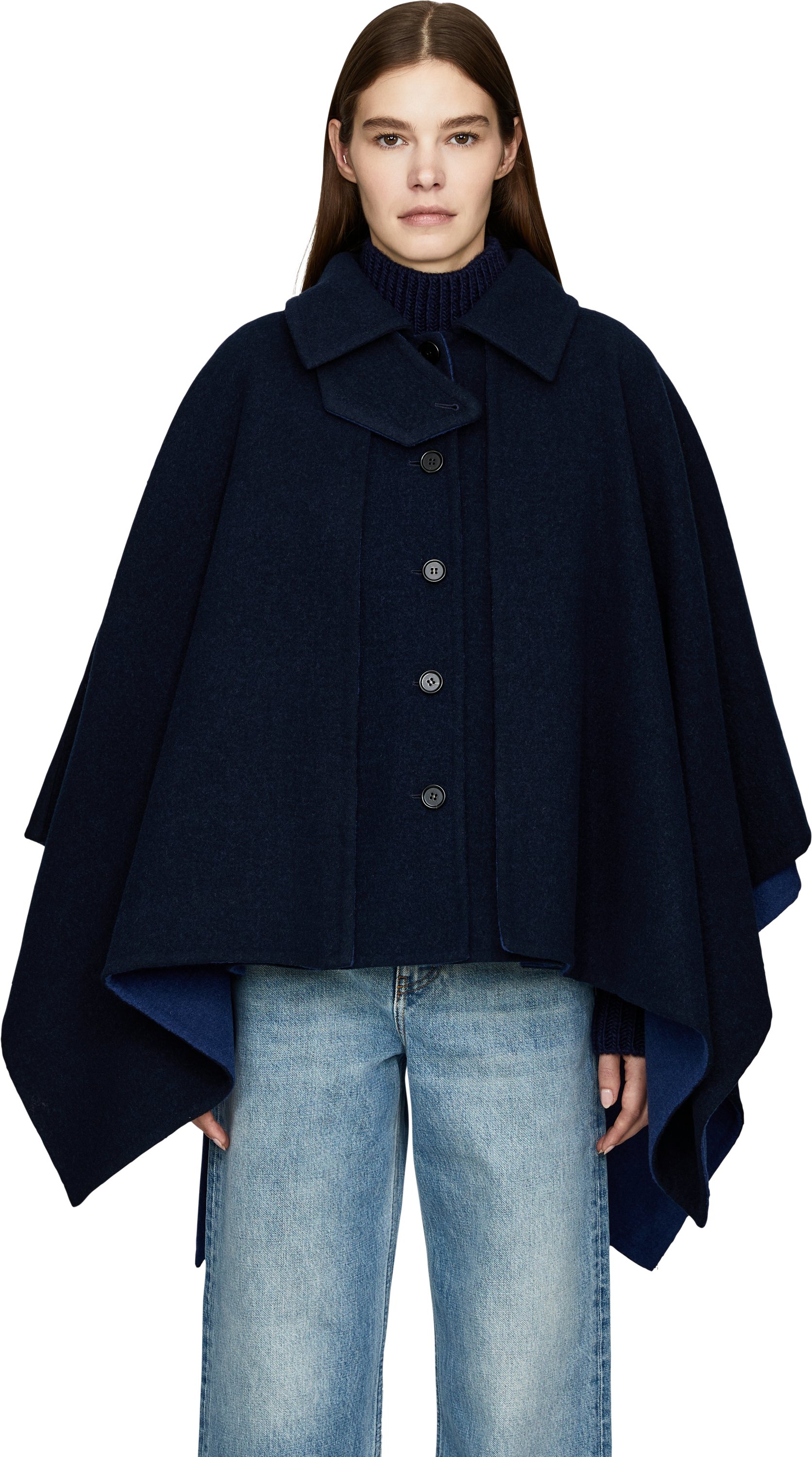 Chloé Kurzer Cape-Mantel aus Schurwolle Marineblau, Frontansicht – UNGER.DE