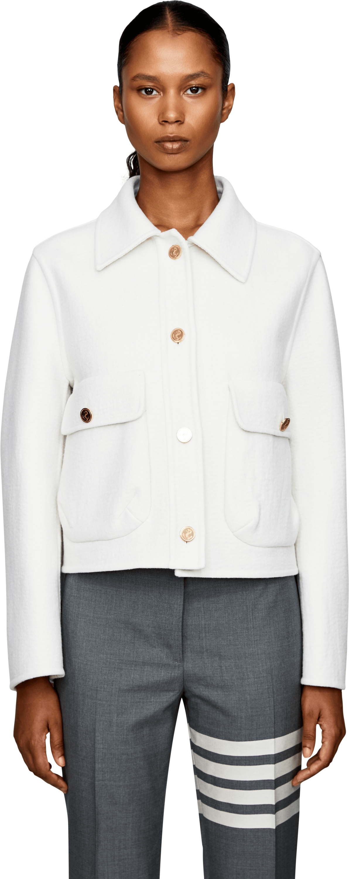 Thom Browne Woll-Cashmere-Jacke mit Glockenärmel Crème , Frontansicht – UNGER.DE