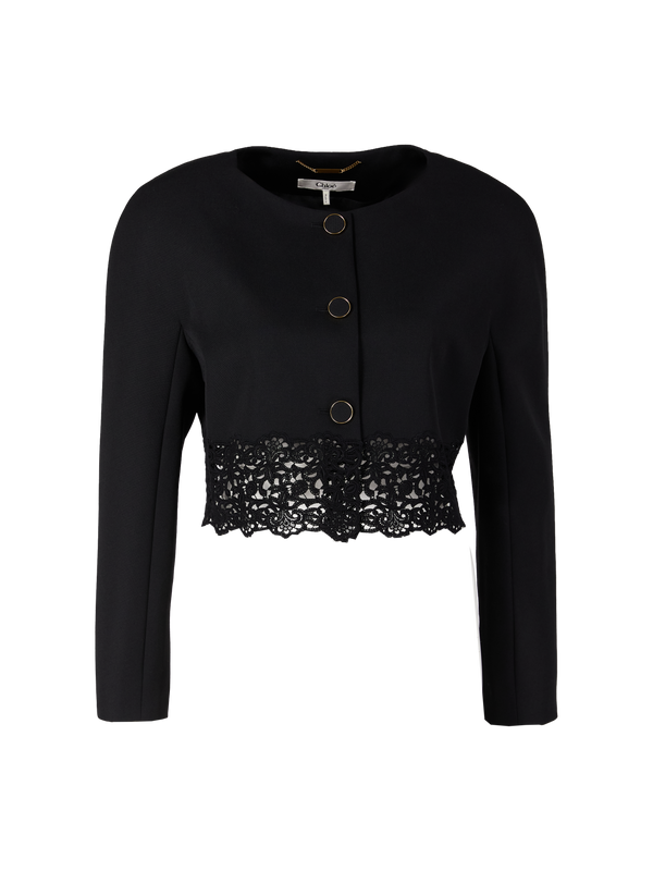 Cropped Wollblazer mit floraler Spitze Schwarz