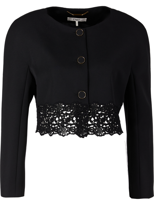 Cropped Wollblazer mit floraler Spitze Schwarz