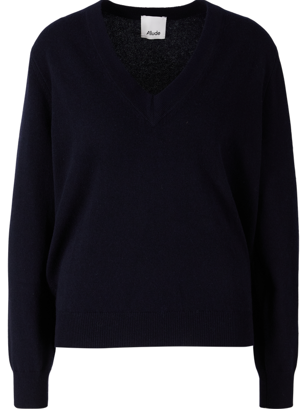 Navy blue V-neck cashmere jumper