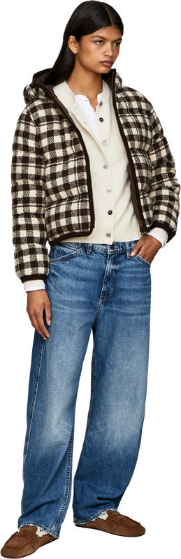'Abstraction' checked down jacket with hood brown
