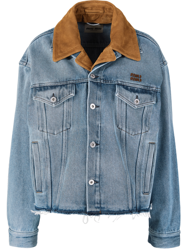 Oversized denim jacket with leather collar blue