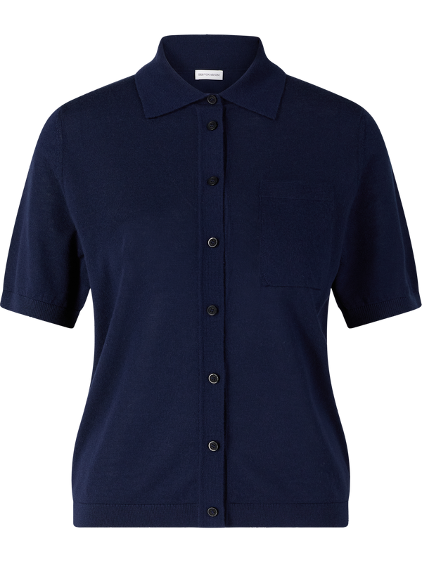 ‘Liana’ short-sleeved cashmere cardigan with a polo collar in Ocean
