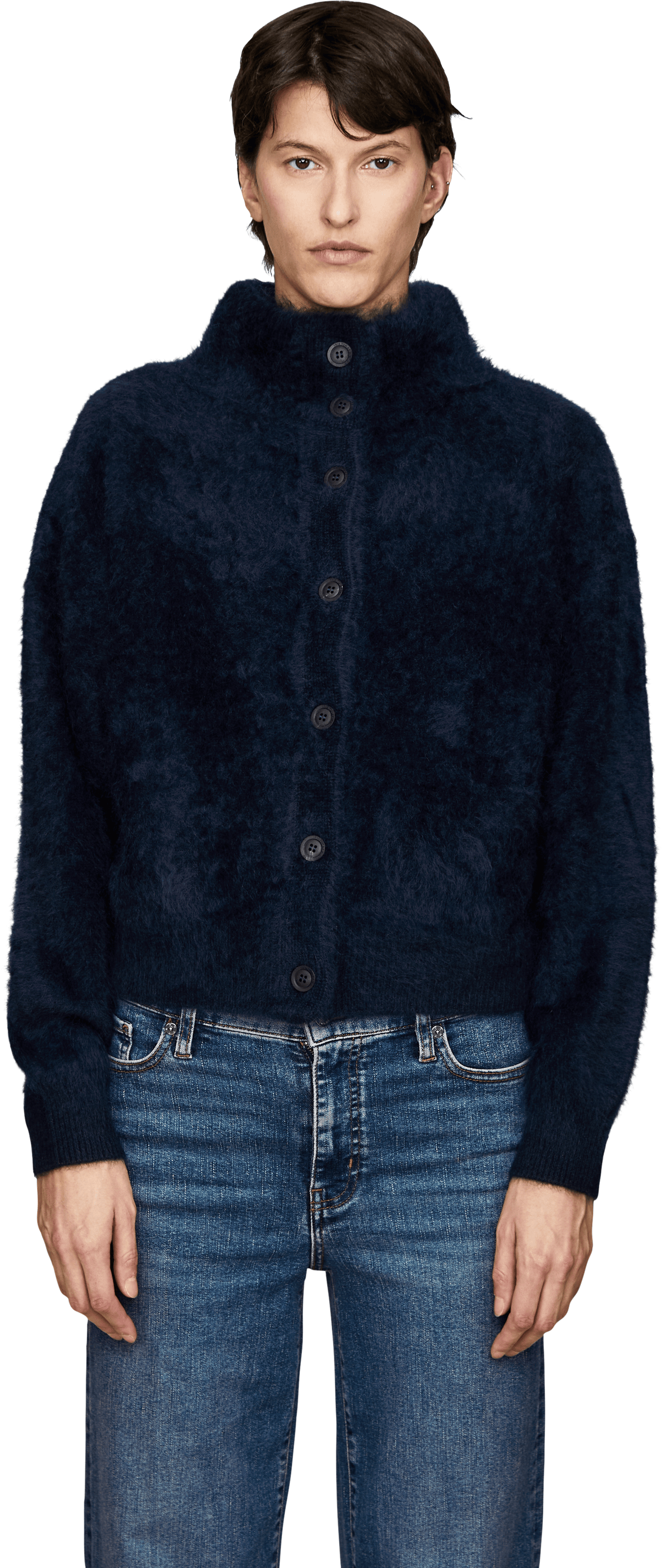 Iris von Arnim 'Dabina Brushed' Navy Cashmere Cardigan, Front view – UNGER.DE
