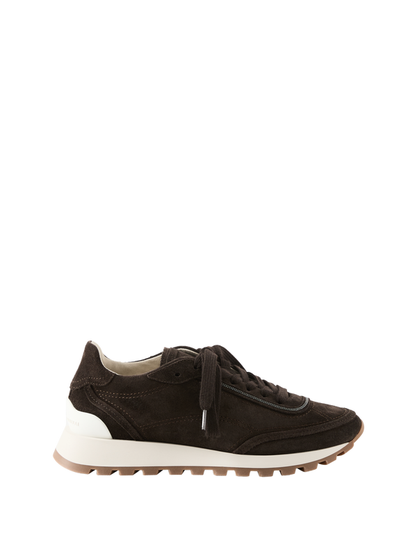 Sneaker aus Veloursleder mit Monili Perlen Dunkelbraun