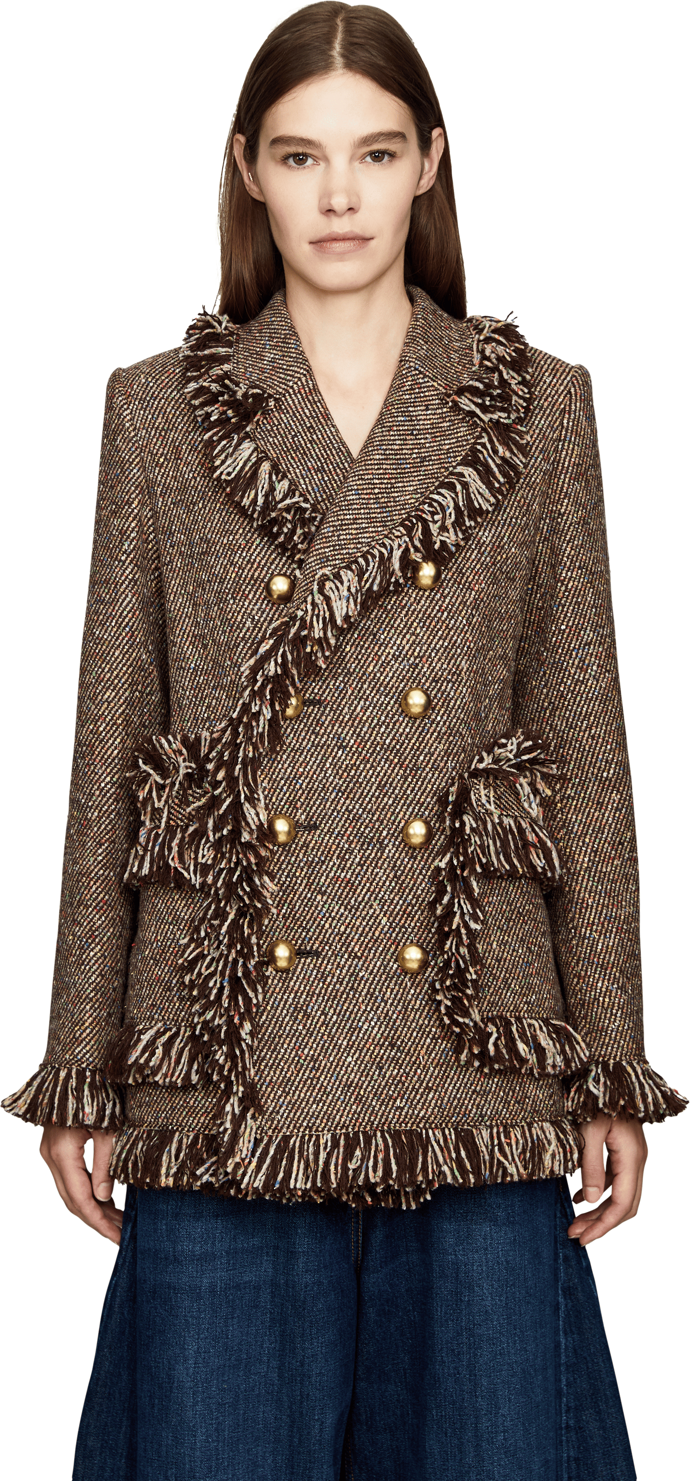 Sacai Blazer 'Nep' aus Tweed mit Fransen Braun, Frontansicht – UNGER.DE